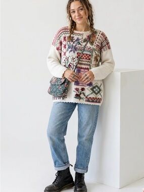 VTG 90s Heirloom Collectibles Grandma Cream Patchwork Floral Knit Sweater sz L